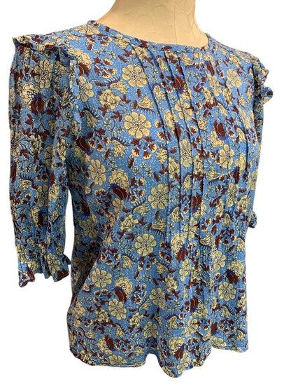 Small Petite Loft Womens Sheer Floral Metallic Threaded Half Sleeve Blouse