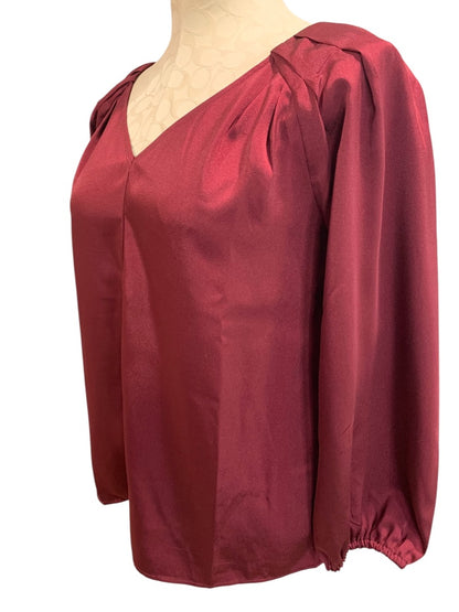 XS Loft Womens Burgundy Pullover Blouse Satiny Top V-Neck Long Sleeve