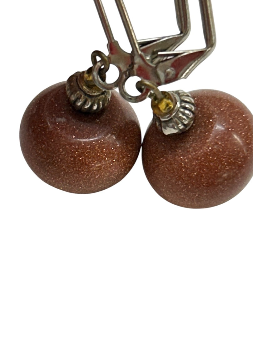 Goldstone Bead Earrings Leverback Silvertone 1.25 Inch Drop