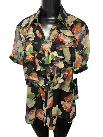 XL Lauren Ralph Lauren Sheer Floral Ruffled Button Down Blouse New Womens