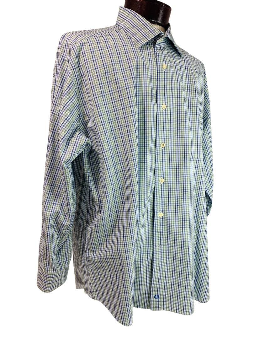 17.5 (32/33) David Donahue Mens Button Up Dress Shirt Plaid Blue Green