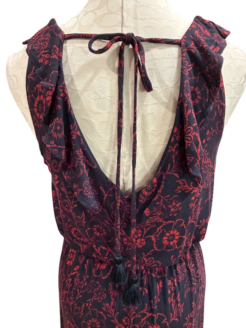 Medium Loft Navy Blue Red Floral V-Neck Tie Back Maxi Dress Soft Knit