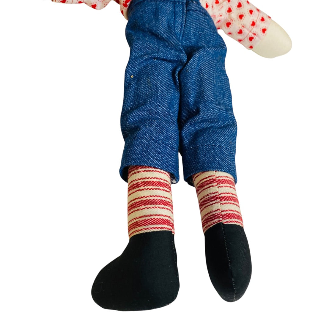 Vintage Handmade Raggedy Andy Rag Doll 14" Hearts Denim