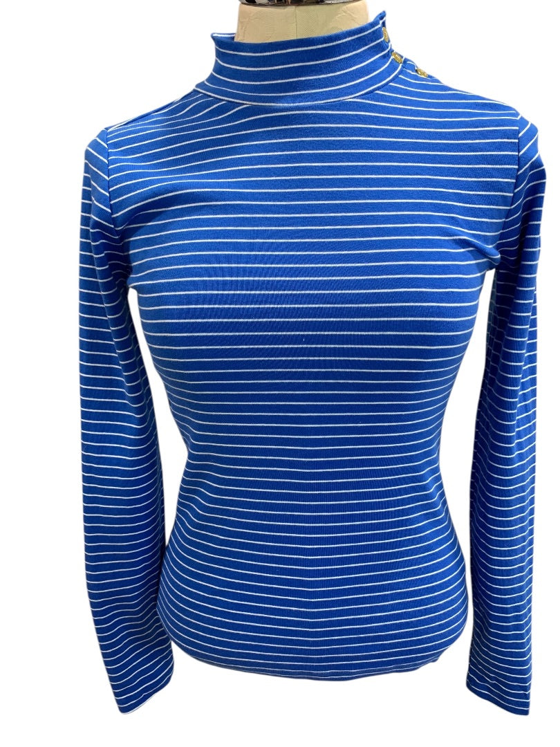 XS J.Crew Womens Blue Mockneck Striped Shirt Long Sleeve BS214
