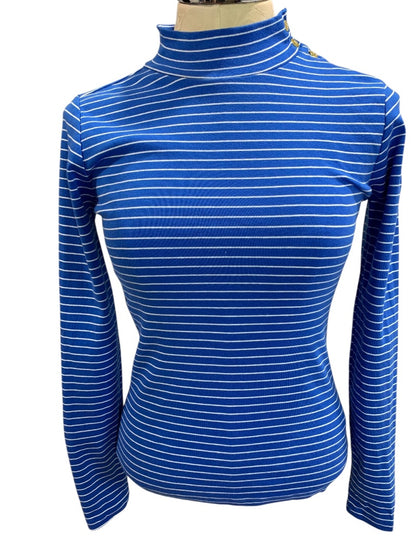 XS J.Crew Womens Blue Mockneck Striped Shirt Long Sleeve BS214
