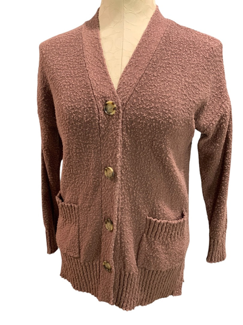 XS Loft Womens Dark Mauve V-Neck Cardigan Tunic Sweater Knit with Pockets