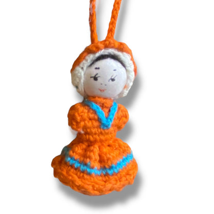 Vintage Amigurumi Japanese Crochet Girl Doll 2" Silk Face Orange
