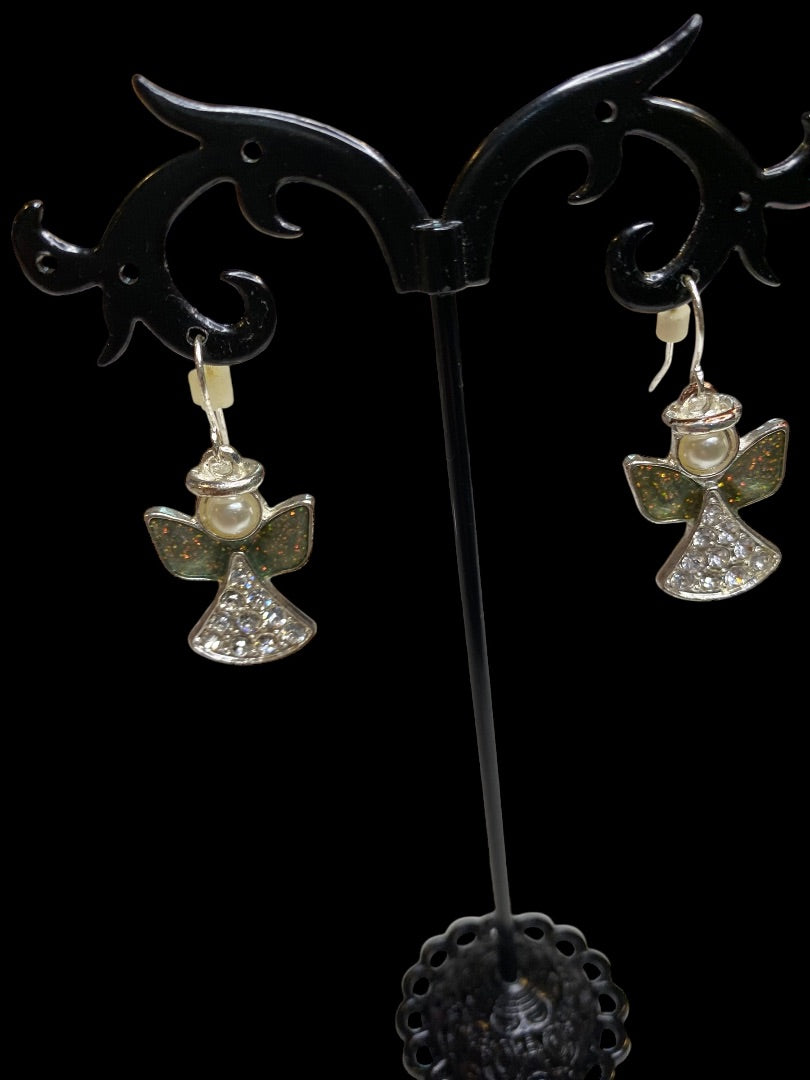 Angel Earrings Fishhook Pierced Silvertone 1.4" Drop Sparkly