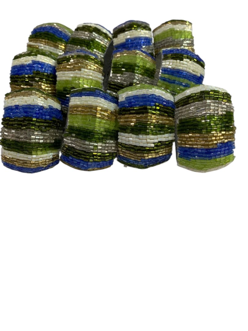 Set of 12 Beaded Napkin Rings Silvertone White Blue Green Stripes