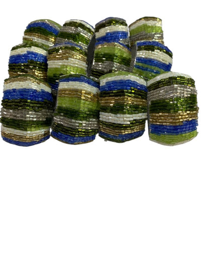Set of 12 Beaded Napkin Rings Silvertone White Blue Green Stripes