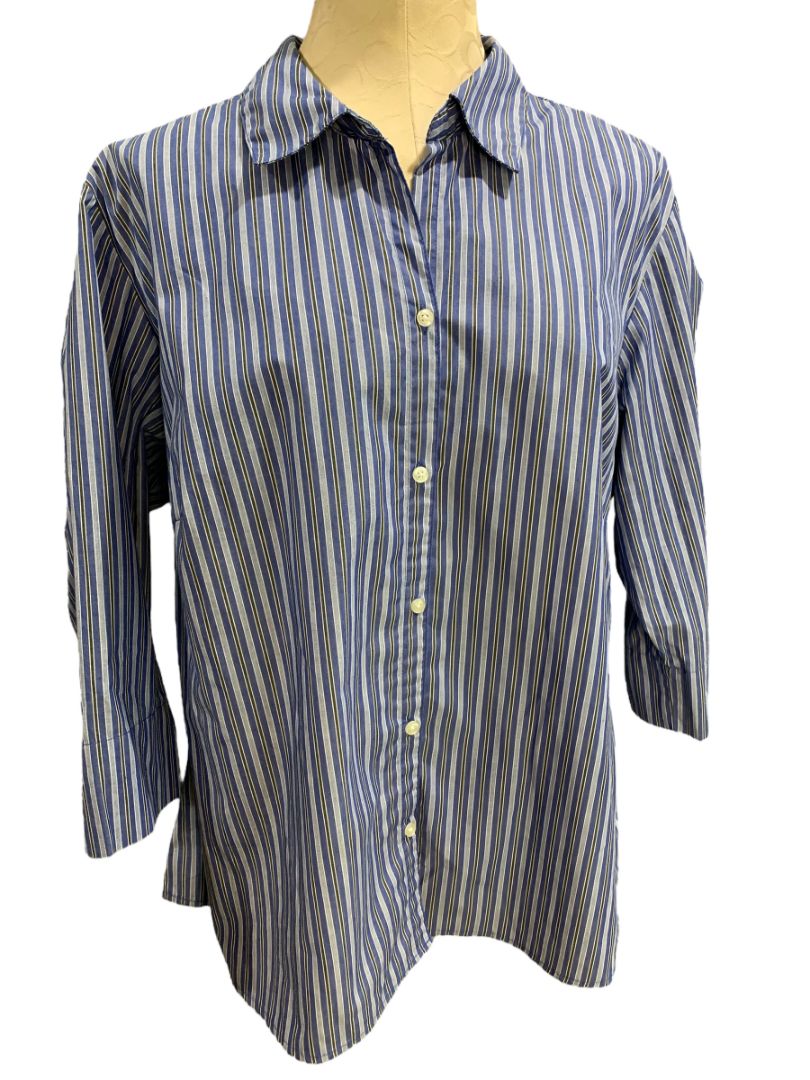 Size 1X ALS Wrinkle Free Blue Stripe Womens Button Up Shirt Wrinkle Free