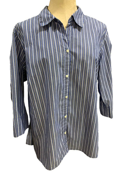 Size 1X ALS Wrinkle Free Blue Stripe Womens Button Up Shirt Wrinkle Free
