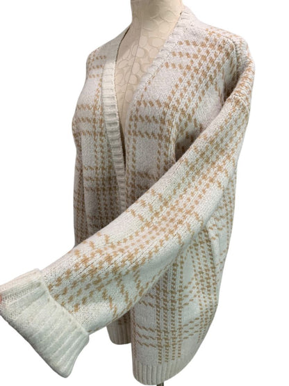 Size 3X Pink Rose Womens Cardigan Sweater Ivory Tan Houndstooth Plaid