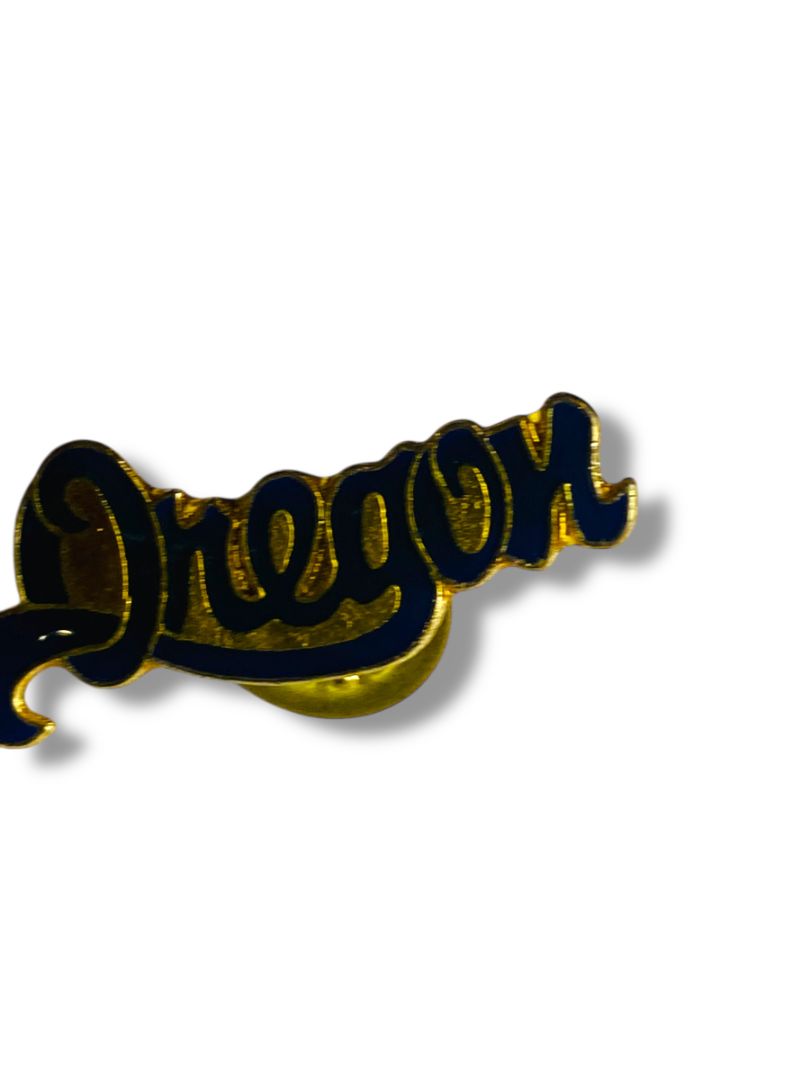 Vintage Oregon Lapel Pin Goldtone Navy Blue Script 1.25"