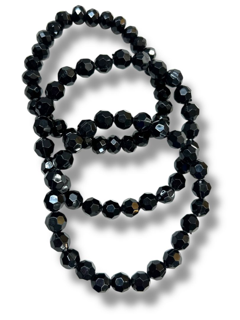 Set of 3 Black Stretch Bracelets Shiny Faceted Beads