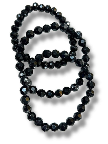 Set of 3 Black Stretch Bracelets Shiny Faceted Beads