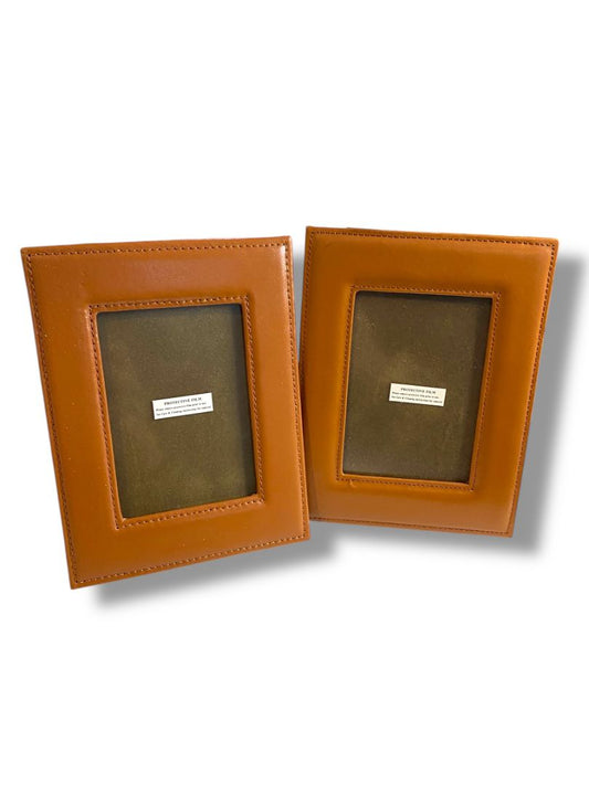 Set of 2 Tabletop Desktop Picture Frames Brown Leather 3 x 4.5"