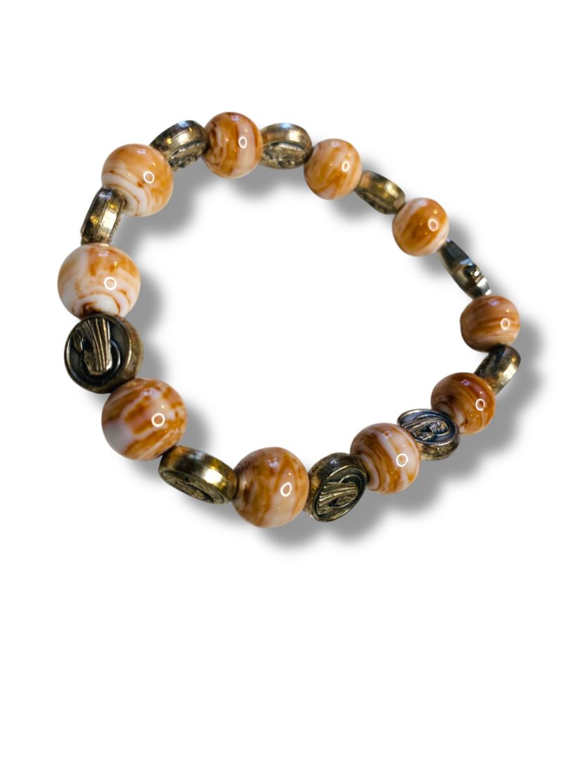 Stretch Acrylic Silvertone Beaded Bracelet Virgin Mary Cross