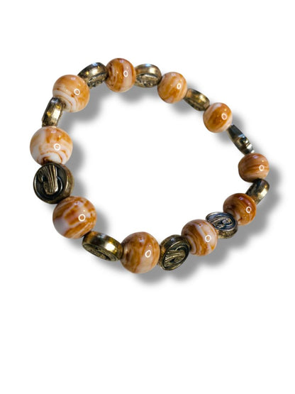 Stretch Acrylic Silvertone Beaded Bracelet Virgin Mary Cross