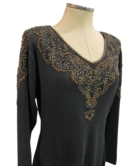 Size 14 Saks Fifth Avenue Wool Sweater Dress Beaded Vintage Hong Kong