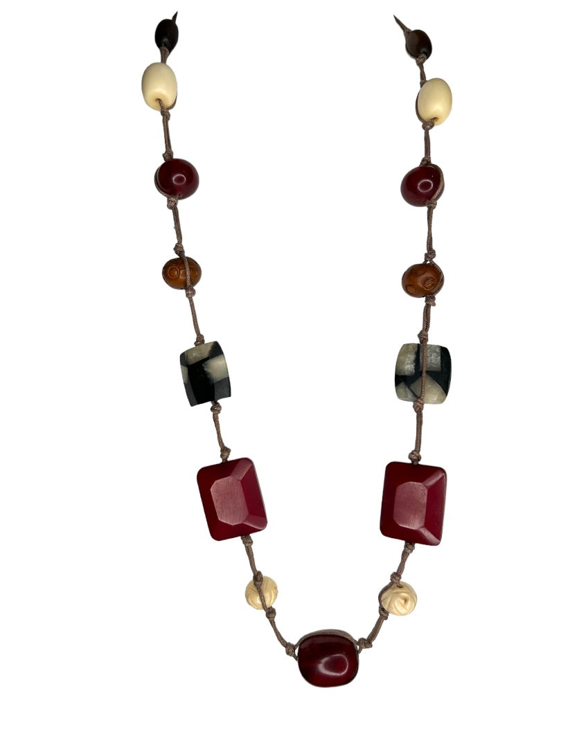 Vintage Boho 32" Necklace Knotted String Wood and Acrylic Chunky Beads