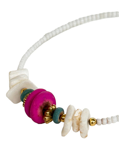 Beaded White 7" Clasp Bracelet Green Pink Goldtone