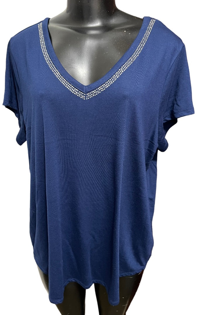 18/20 Avenue Women's V-Neck Crystal Trim Short Sleeve Womens Top Navy Blue