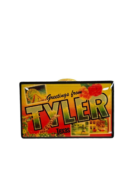 Tyler Texas Resin Lapel Pin Red Rose 1" Greetings From Postcard Style