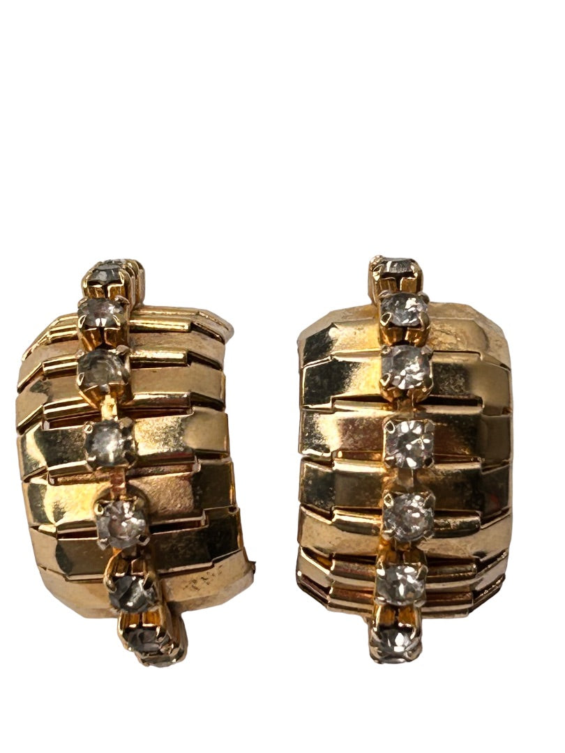 Signed Coro Screwback Non-Pierced Earrings Goldtone Rhinestone Hoop 1 1/8"