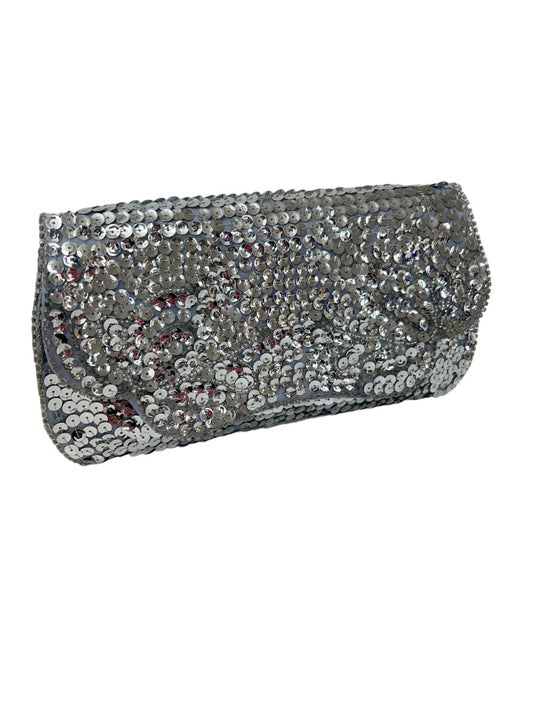 Vintage 1960s Silver Sequin Clutch Handbag Satin Interior 8" x 4.5"