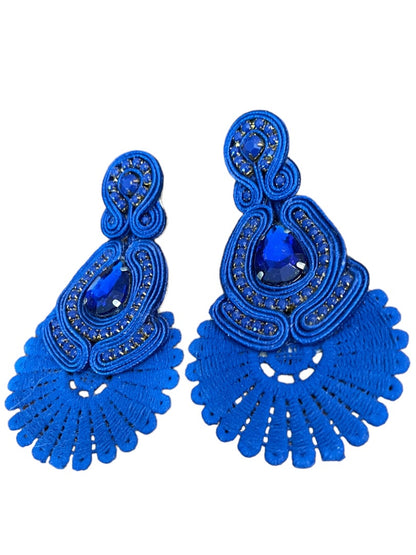 Soutache Post Pierced Statement Flat Ribbon Earrings Royal Blue 3.75"