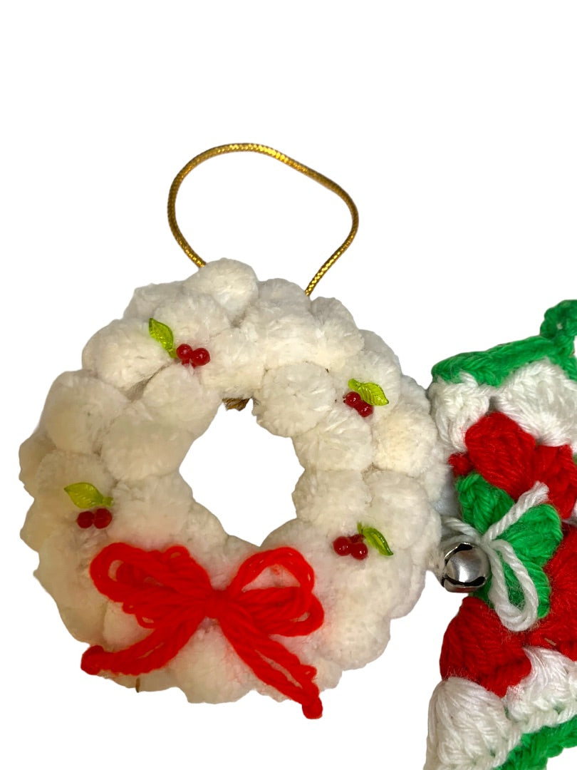 Set of 2 Vintage 1980s Handmade Christmas Holiday Ornaments Stocking Crochet Pom Pom Wreath