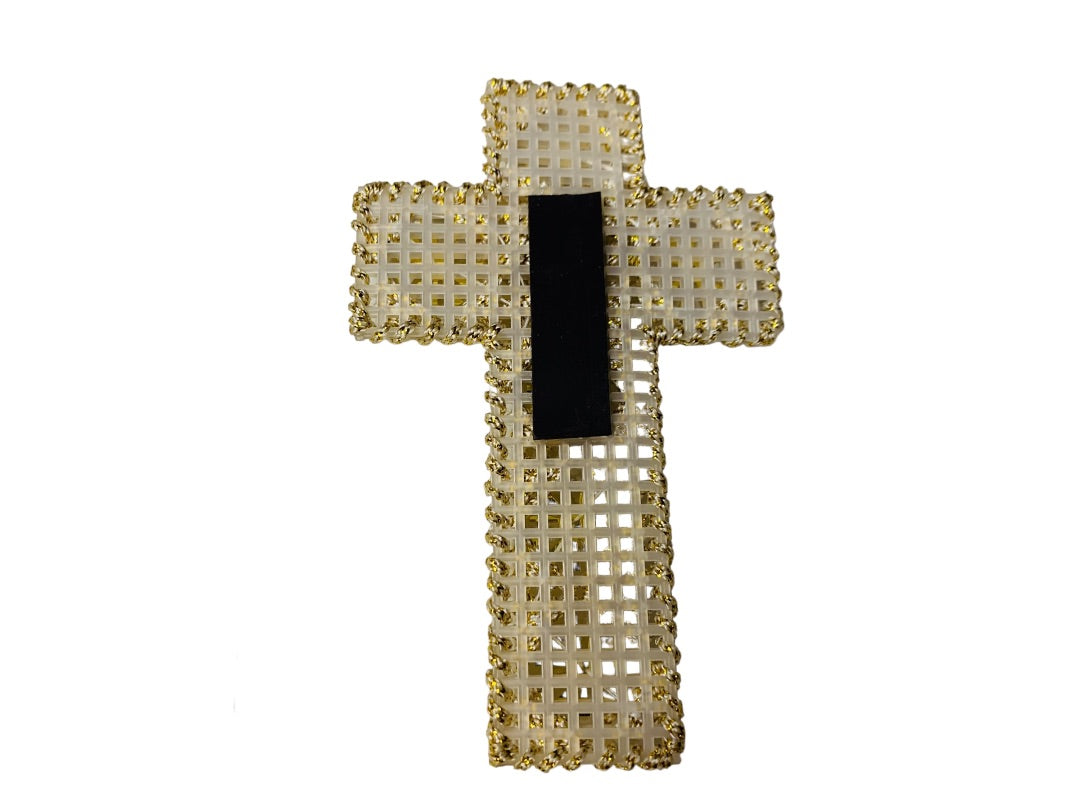 Handmade Vintage 1980s Plastic Cross Stitch Magnet and Wall Hanging White Gold Religous