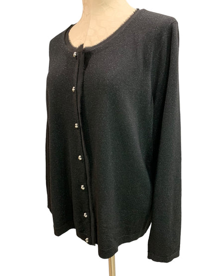 2X Talbots Woman New Black Sparkle Metallic Silver Button Cardigan Lightweight Wool Blend