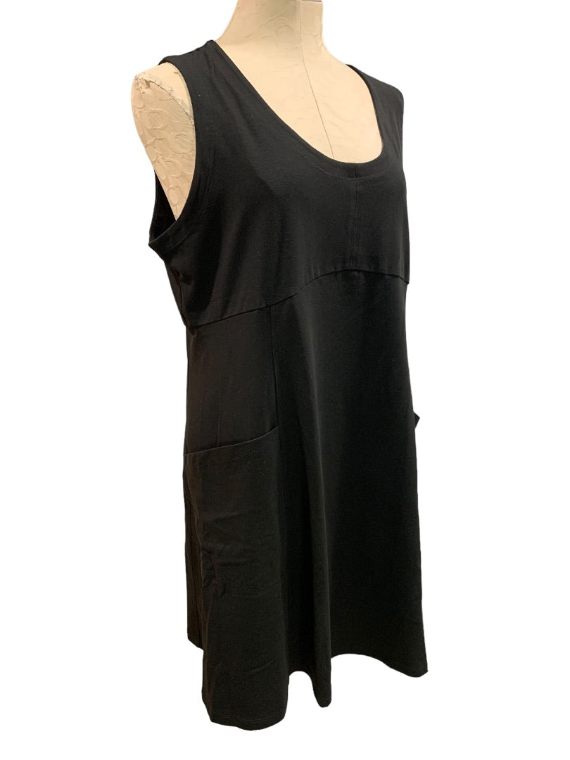 XL Eileen Fisher New Black  Organic Cotton Stretch Jersey Dress Pockets Sleeveless A-Line