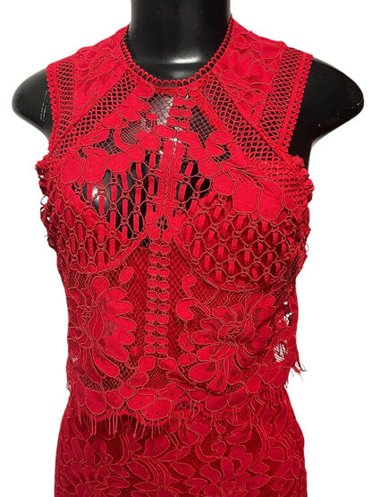 XS Lulus Sweetness Lace Crochet Overlay Sleeveless Fitted Midi Dress Back Zipper Red