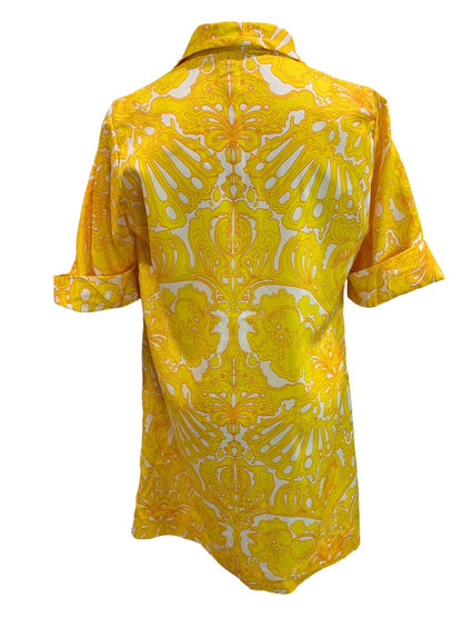 Medium House Dress Vintage 1960s Yellow Print Button Up Polyester