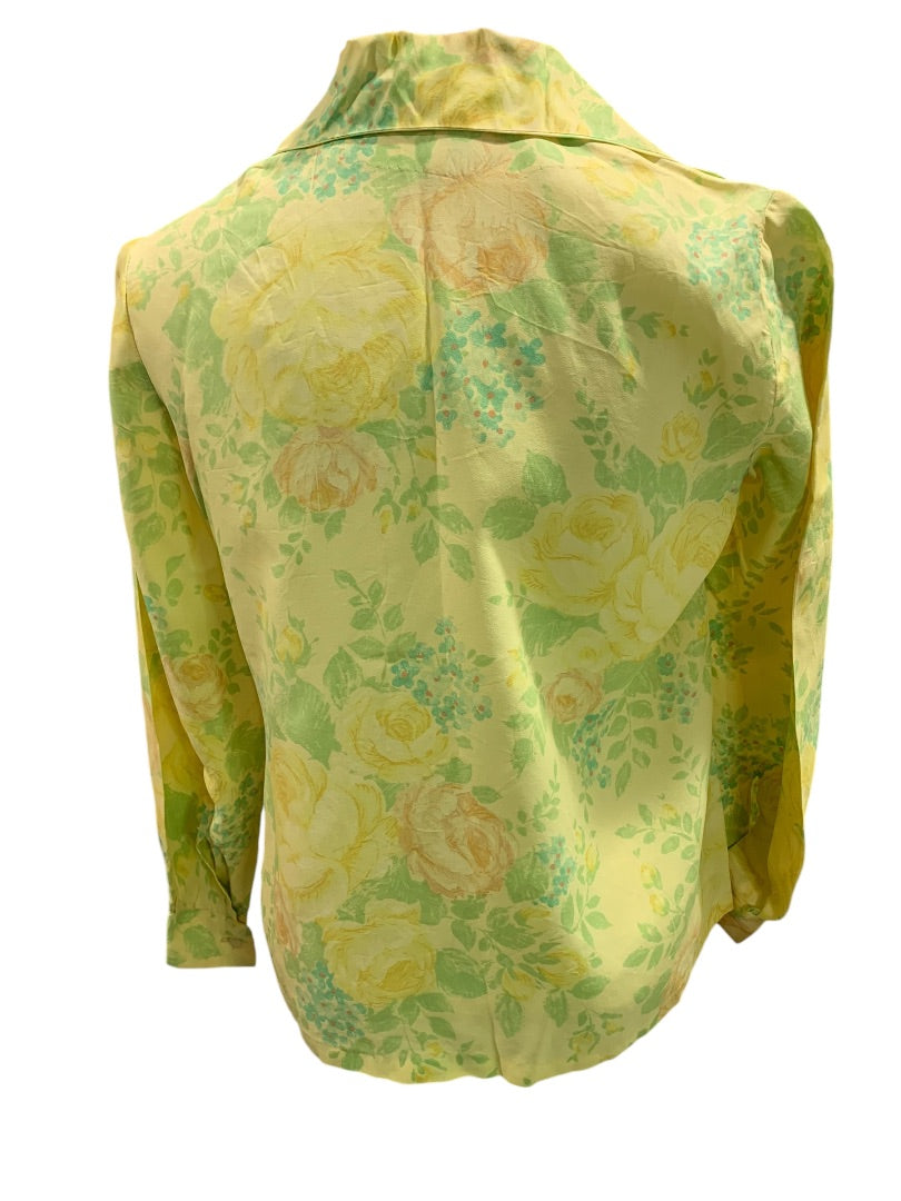 Medium Vintage 1960s Womens Yellow Rose Button Up Blouse Shirt Retro