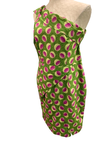 Medium Vintage 1960s One Shoulder Sheath Dress Green Pink