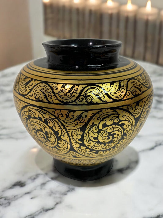 Vintage Vase Black Gold 5 Inches Painted Pottery Pot