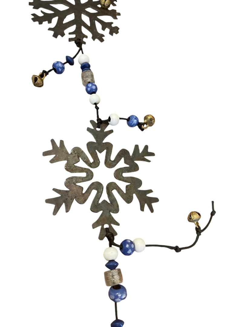 Rustic 3 Metal Snowflakes with Beads  Bells Windchime 24 Length
