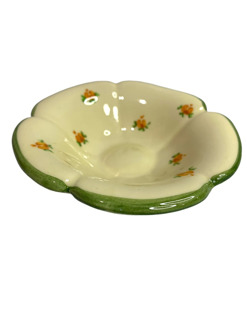 France Vintage Handpainted Dish Bowl Floral Shape Yellow Green 5 Inch