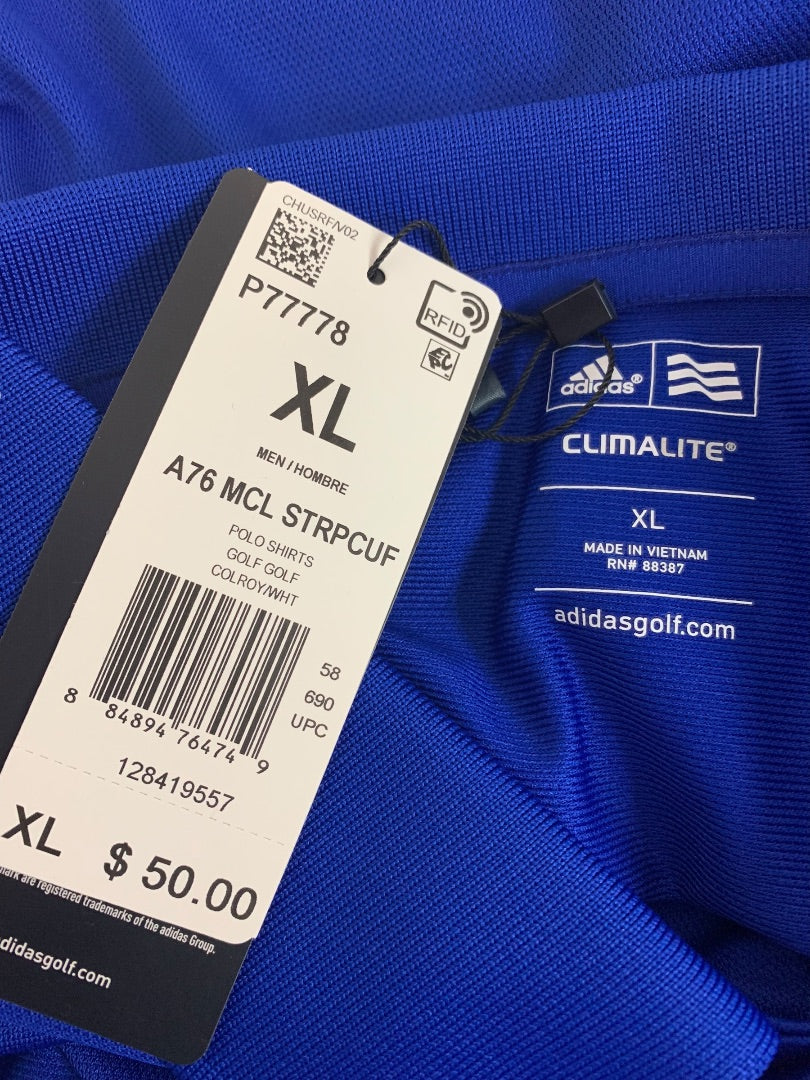 XL Adidas Golf Mens New Royal Blue Polo Shirt ClimaLite Striped Cuff P77778