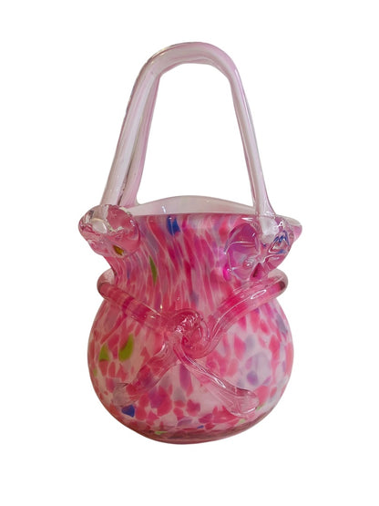 Vintage Block Crystal Art Glass Pink Confetti Purse Vase Catherine