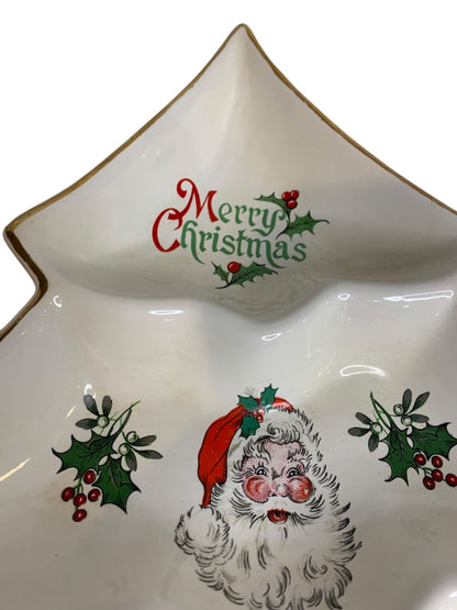 Vintage MCM Holiday Christmas Candy Nut Dish Santa Gold Trim 14 Inch