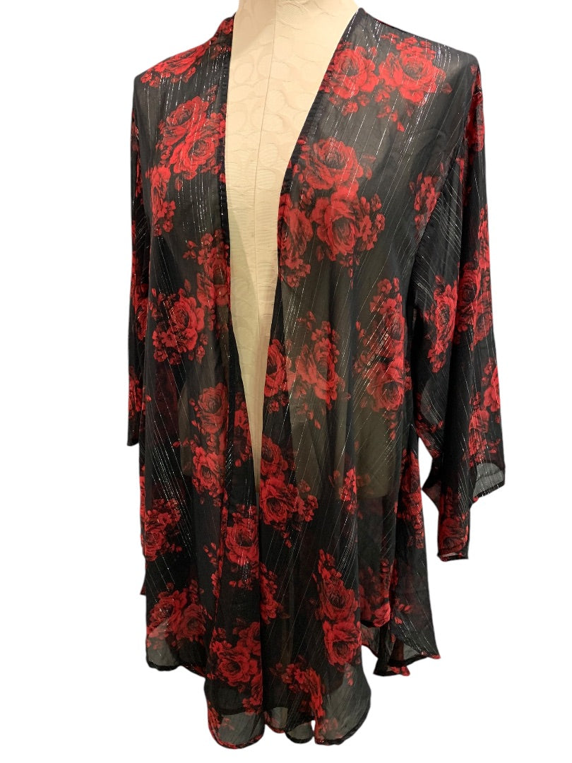 1X/2X Torrid Womens Open Kimono Rose Print Silver Threading