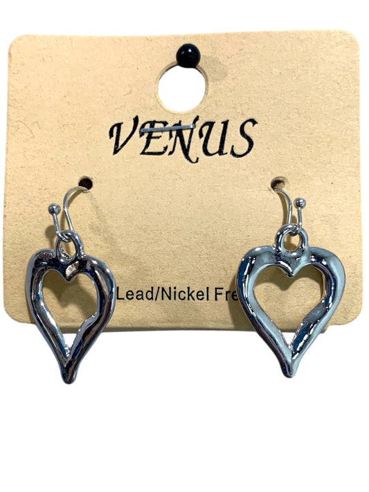 Venus Silvertone Heart Pierced Dangle 1.25 Inch Drop Earrings Hook