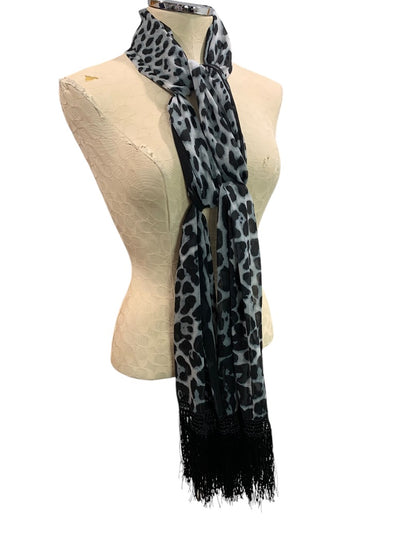 Womens Animal Print Fringed Scarf Lightweight Black White 84x18 Inches