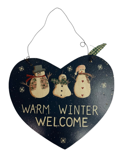 Wooden Heart Hanging Sign Plaque Warm Winter Welcome Snowman 6 Inch