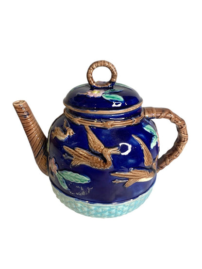 Majolica Flying Crane Teapot Cobalt Blue Forester Aesthetic